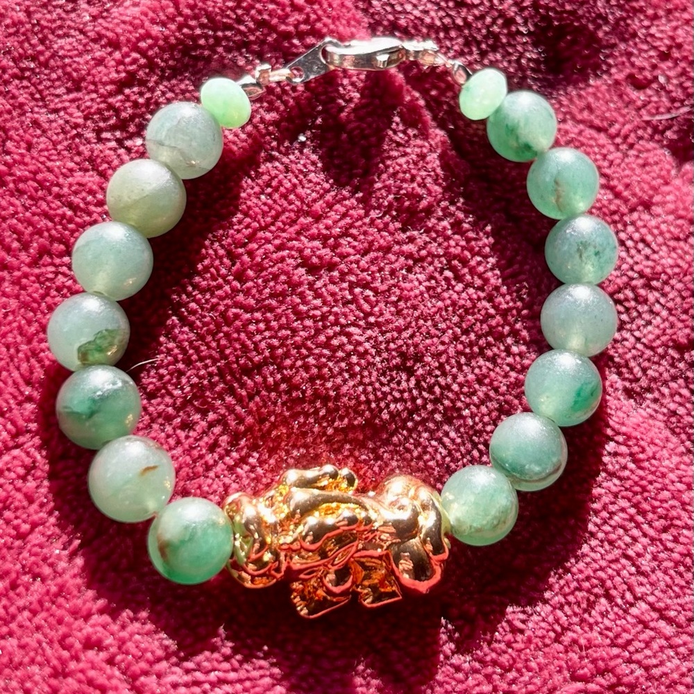 Jade Green w.Filled Gold 🐉 Pendant Beaded Bracelet✨